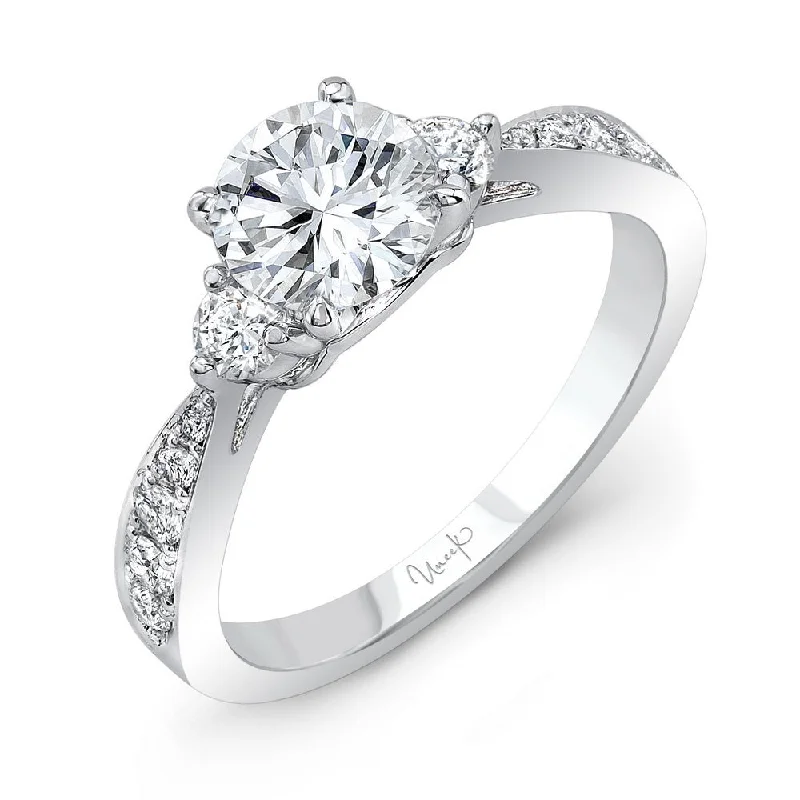 Ladies engagement rings halo settings-Uneek Classic Round-Center Three-Stone Engagement Ring with Tapered Upper Shank