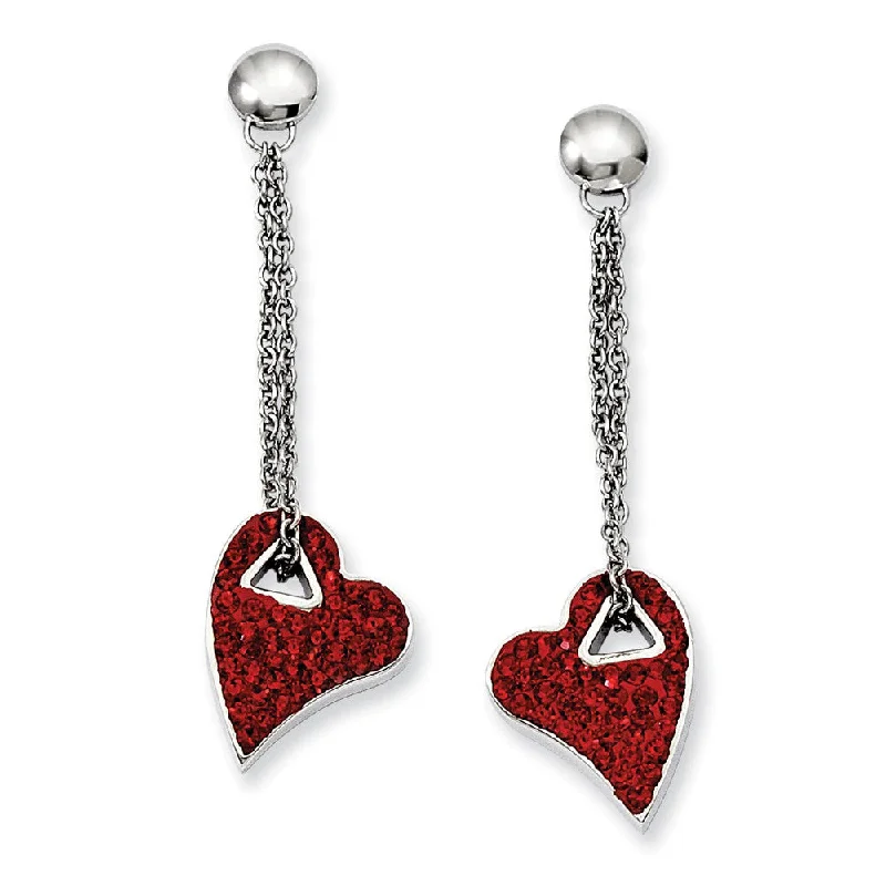 Ladies earrings birthday presents-Red Crystal Heart Post Dangle Earrings in Stainless Steel