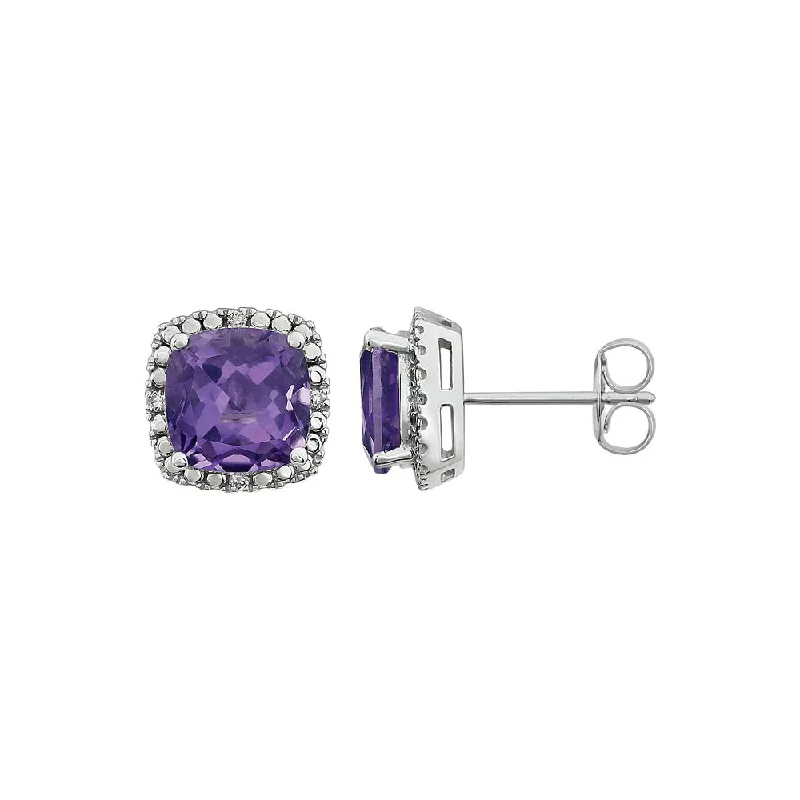 Ladies earrings lightweight feel-Amethyst & Diamond 10mm Earrings in 14k White Gold