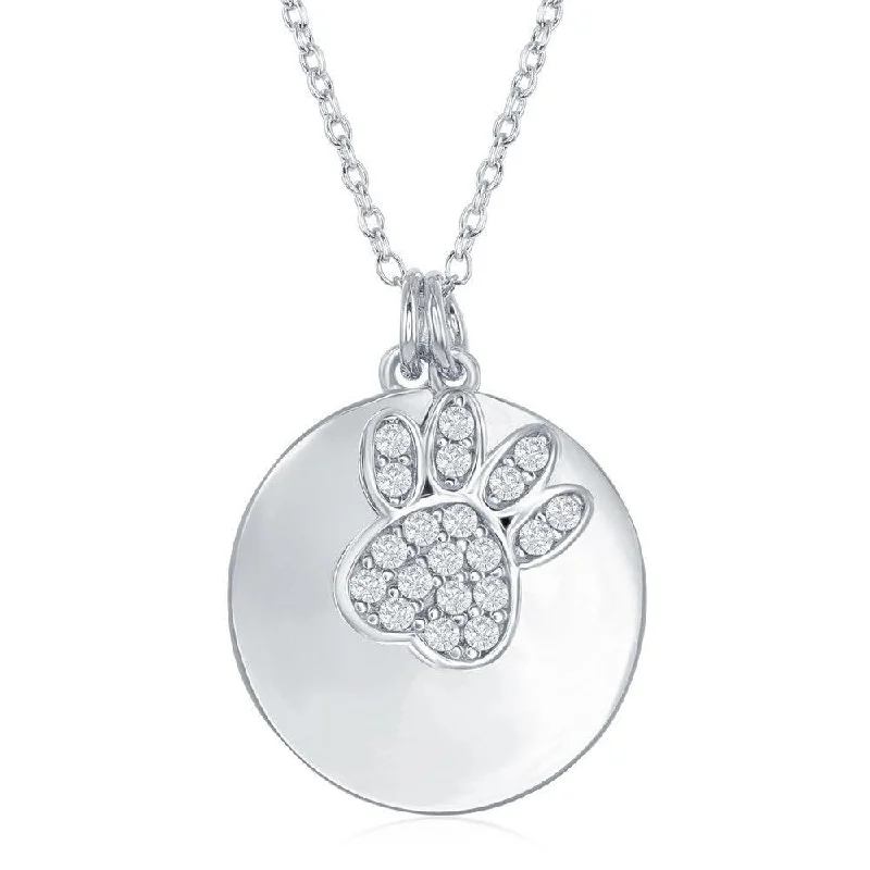 Ladies necklaces holiday gifts-Sterling Silver Shiny Disc with Micro Pave Bear Paw Necklace