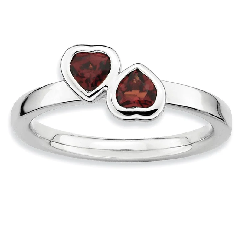 Ladies ring Asian-inspired-Sterling Silver Stackable Double Heart Garnet Ring