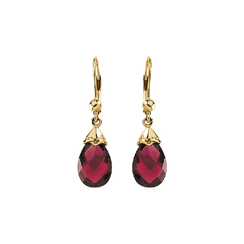 Ladies earrings birthday presents-Brazilian Garnet Briolette & 14k Yellow Gold Lever Back Earrings