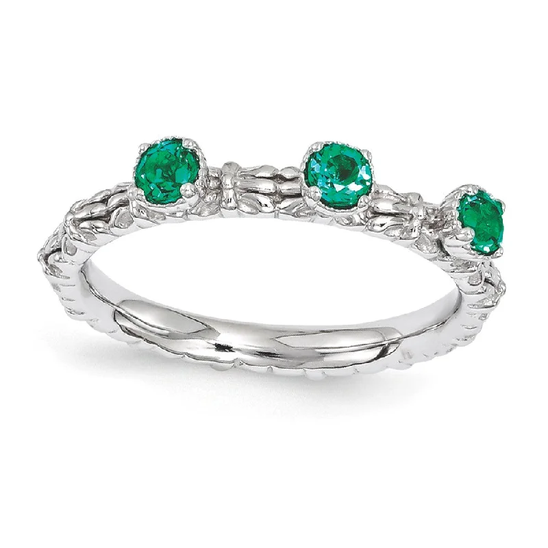 Ladies ring jade details-Sterling Silver Stackable Created Emerald Round Three Stone Ring