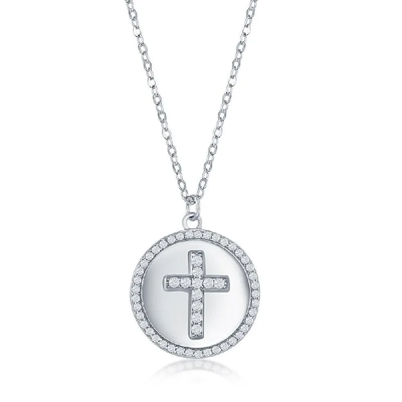 Ladies necklaces youthful designs-Sterlilng Silver Micro Pave CZ Disc Necklace - Cross