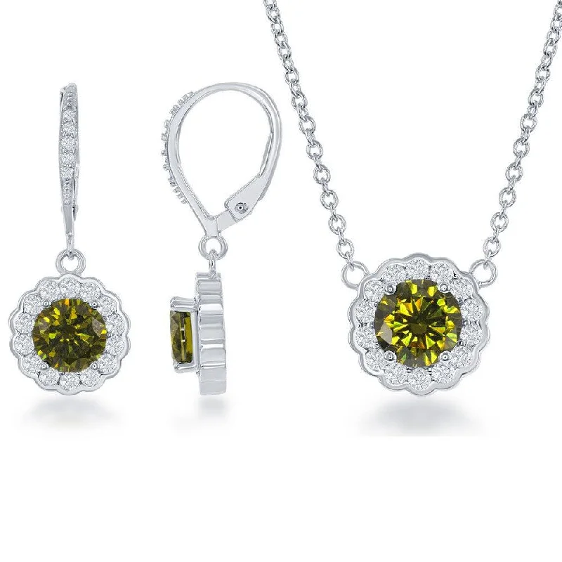 Ladies necklaces wedding pieces-Sterling Silver Peridot CZ August Birthstone With  CZ Border Round Earrings and Necklace Set