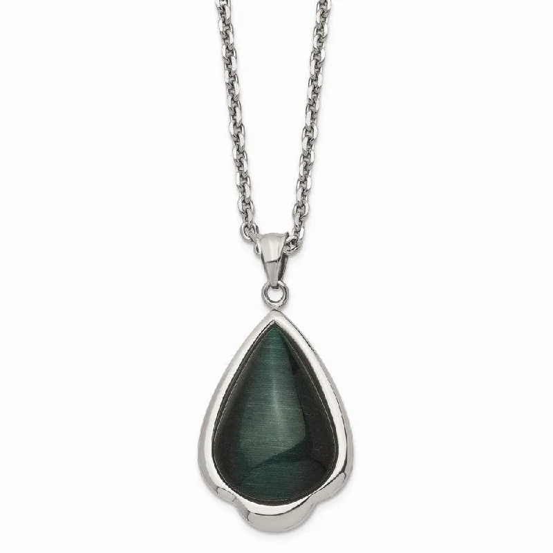 Ladies necklaces investment value-Stainless Steel Synthetic Green Cats Eye Teardrop 20in Necklace