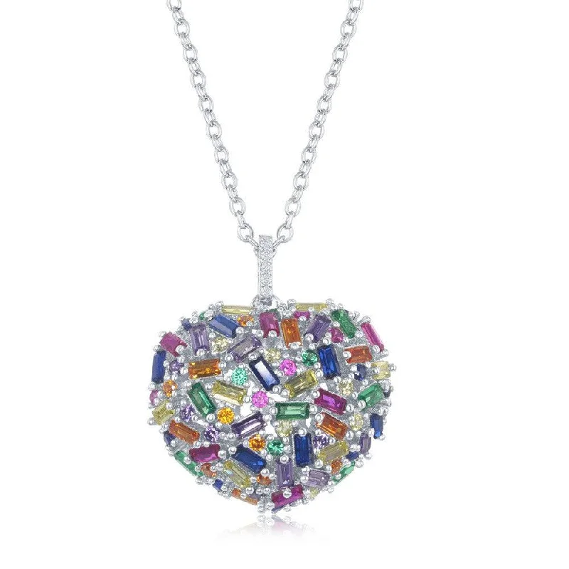 Ladies necklaces titanium options-Sterling Silver Rainbow Baguette CZ Puffed Heart Necklace