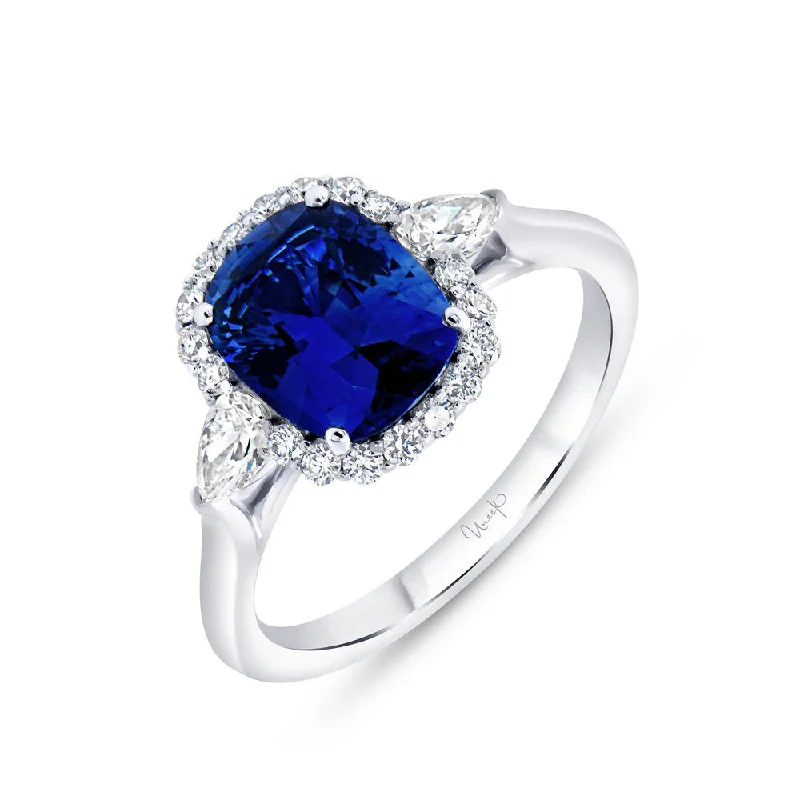 Ladies engagement rings Valentine’s Day-Uneek Precious Collection 3-Stone-Halo Cushion Cut Blue Sapphire Engagement Ring