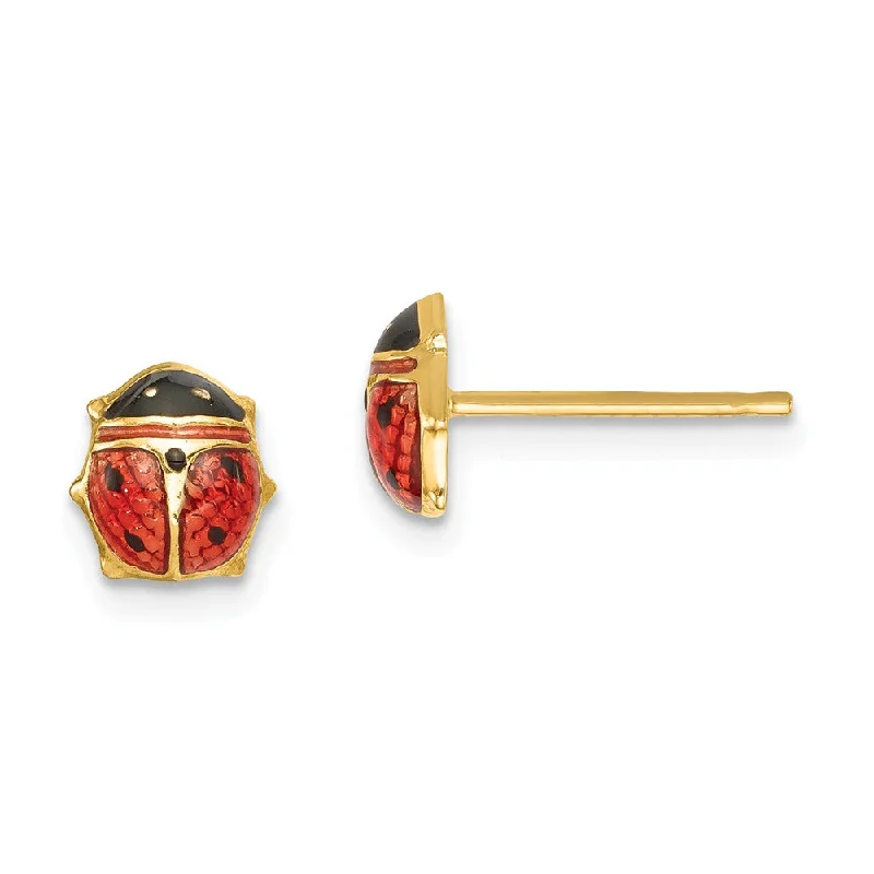 Ladies earrings cute looks-7mm Red Ladybug Post Earrings in 14k Yellow Gold and Enamel