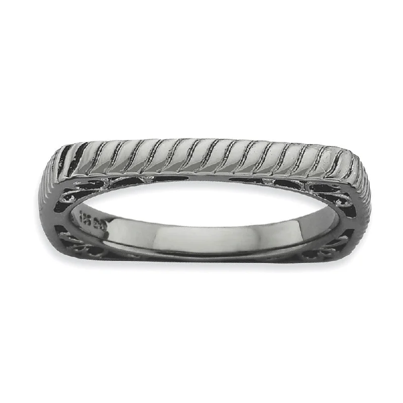 Ladies ring hypoallergenic-2.25mm Stackable Black Plated Silver Square Grooved Band