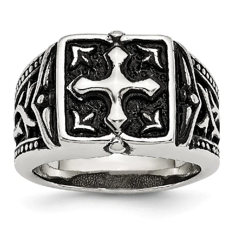 Ladies ring European flair-Men's 13mm Stainless Steel Antiqued Cross Tapered Ring