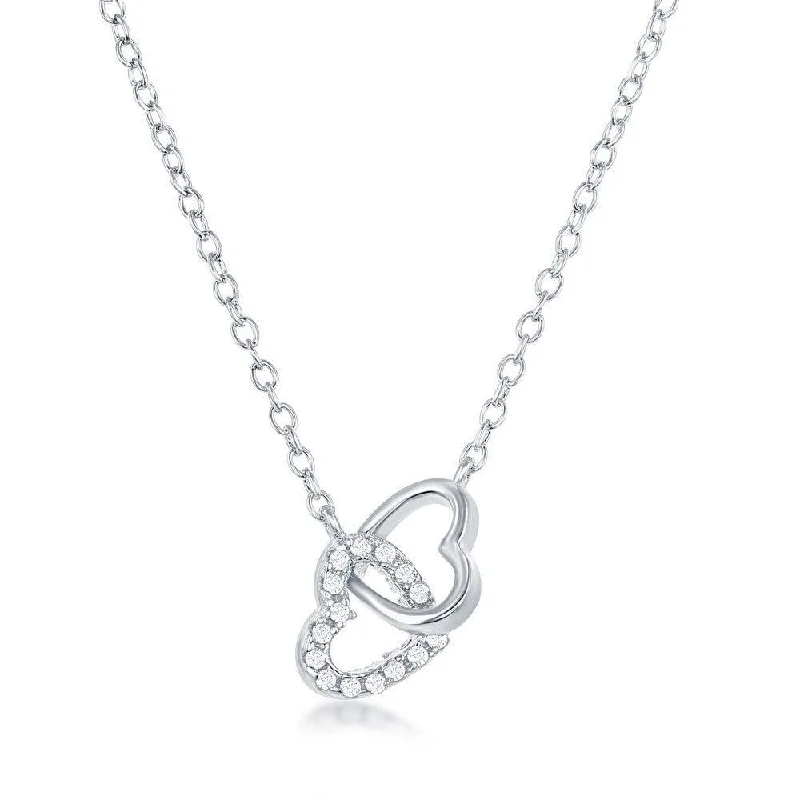 Ladies necklaces lightweight feel-Sterling Silver Interlocking CZ and Plain Heart Necklace