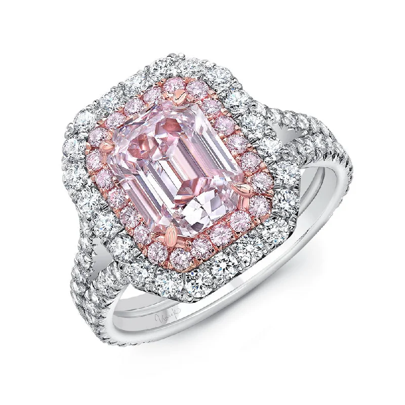 Ladies engagement rings budget-friendly-Uneek Emerald Cut Light Pink Diamond Engagement Ring VS2 GIA Certified with Pink Purple Diamonds and Round White Diamonds Side Stones