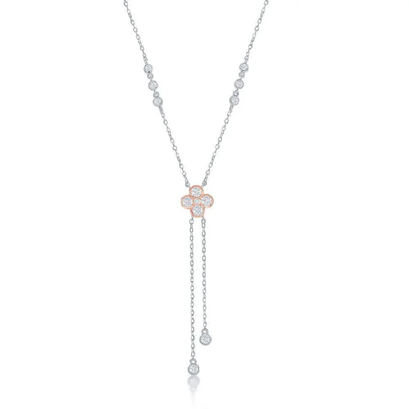 Ladies necklaces minimalist looks-Sterling Silver Two-Tone Rose Gold Plated CZ Flower with Bezel-Set CZ Lariat Necklace