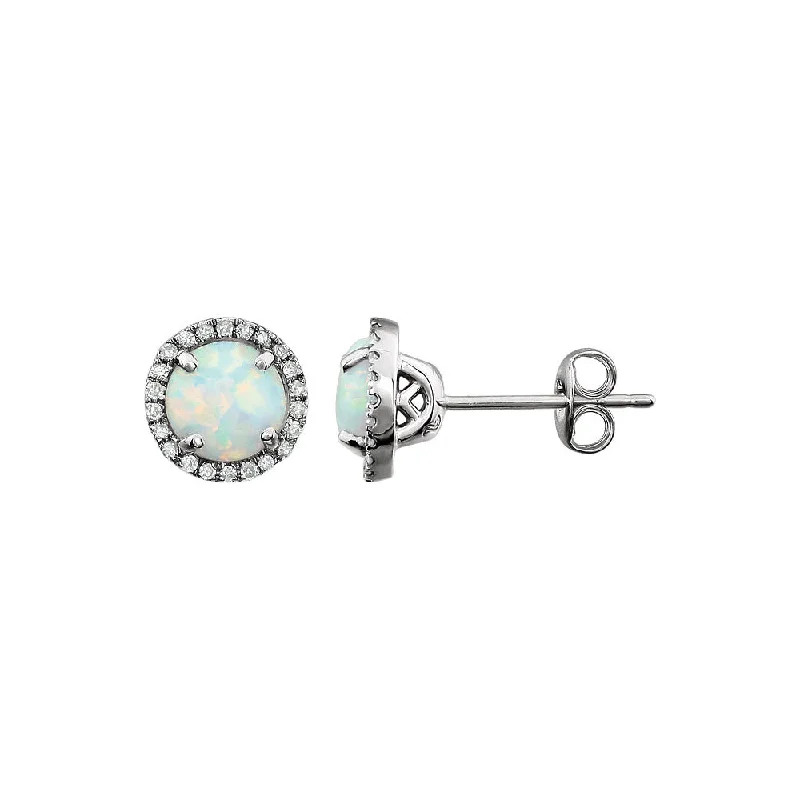 Ladies earrings price range-8mm Halo Style Created Opal & Diamond Earrings in 14k White Gold