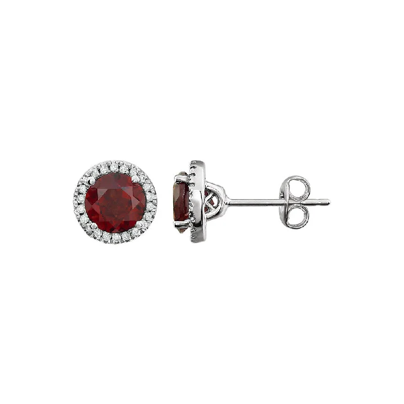 Ladies earrings youthful designs-8mm Halo Style Mozambique Garnet & Diamond Earrings in 14k White Gold