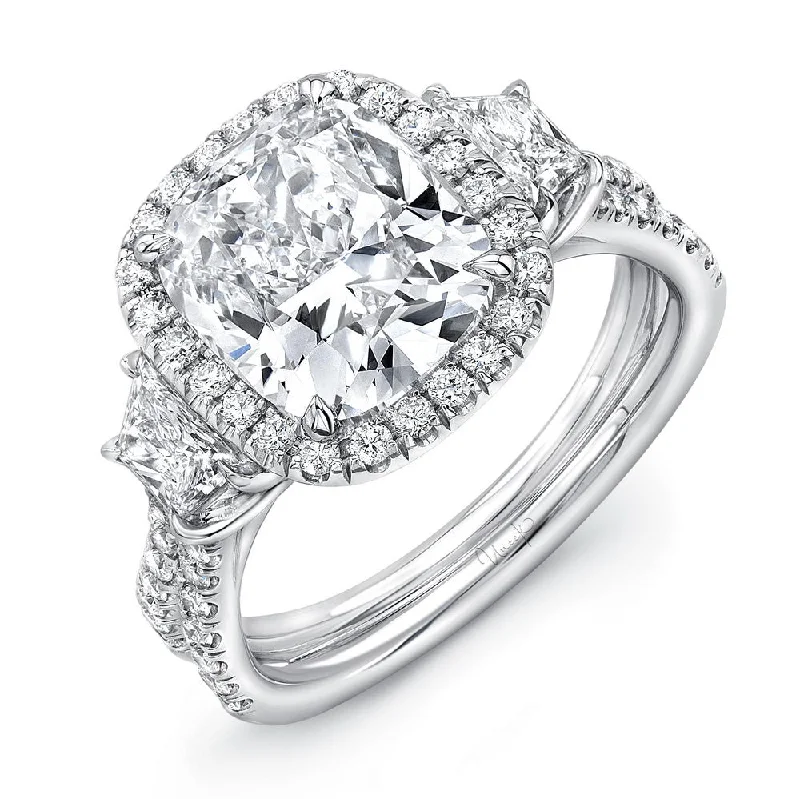 Ladies engagement rings bohemian vibes-Uneek Three-Stone Engagement Ring with 3-Carat Cushion-Cut Center on Halo and Pave Double Shank