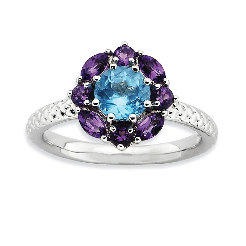 Ladies ring heart shapes-Sterling Silver Stackable Amethyst & Topaz Gemstone Flower Ring