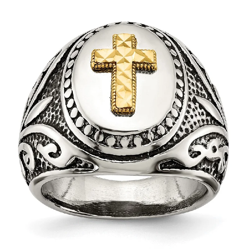 Ladies ring gift options-Men's 19.8mm Stainless Steel w/14K Gold Accent Cross Tapered Ring