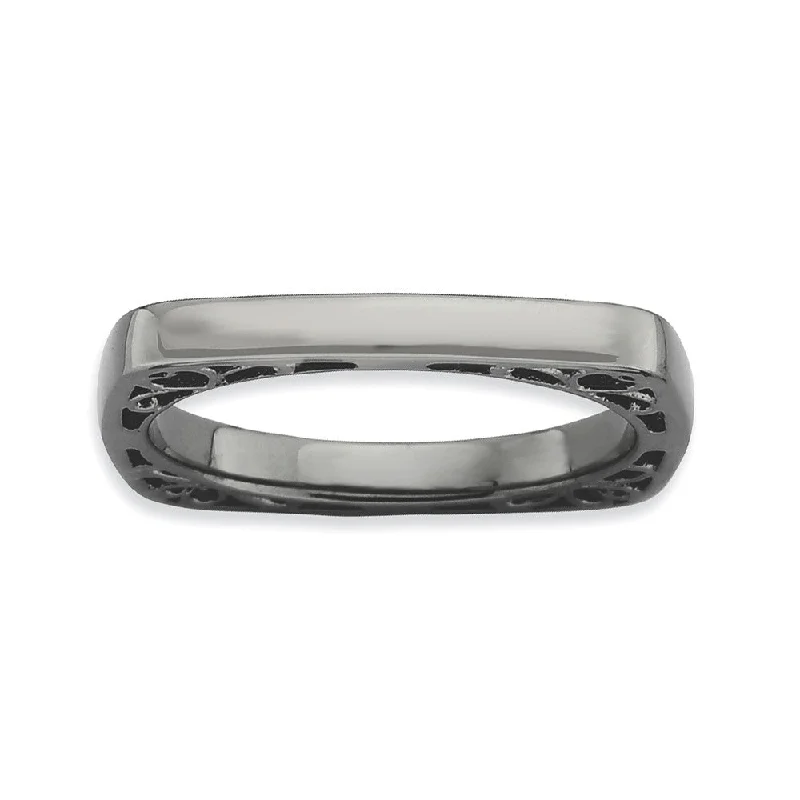 Ladies ring worldwide trends-2.25mm Stackable Black Plated Silver Square Side Scroll Band