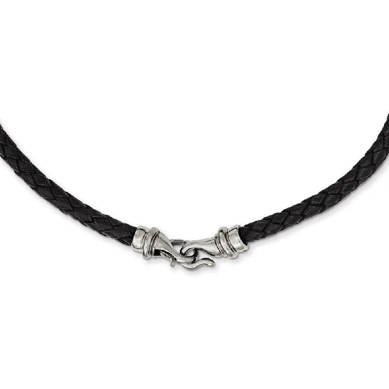 Ladies necklaces statement pieces-Stainless Steel Polished Woven Black Leather Necklace