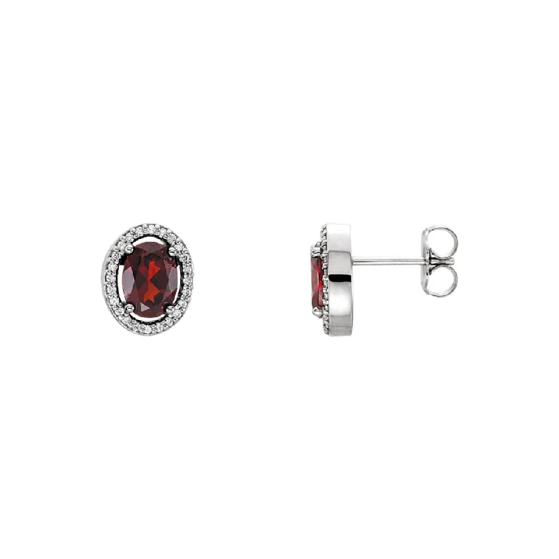 Ladies earrings gold-plated-Oval Mozambique Garnet & Diamond Halo Earrings in 14k White Gold