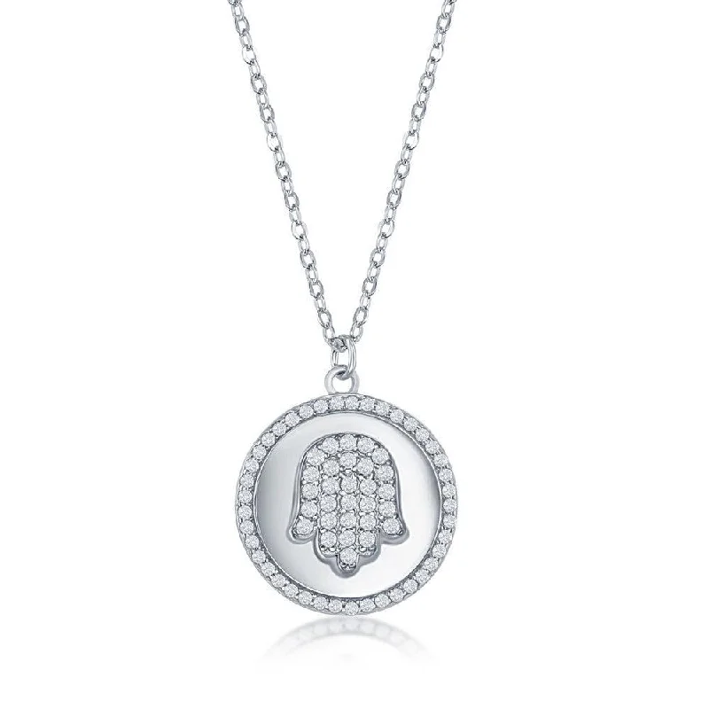 Ladies necklaces sale events-Sterling Silver Hamsa Micro Pave CZ Disc Necklace