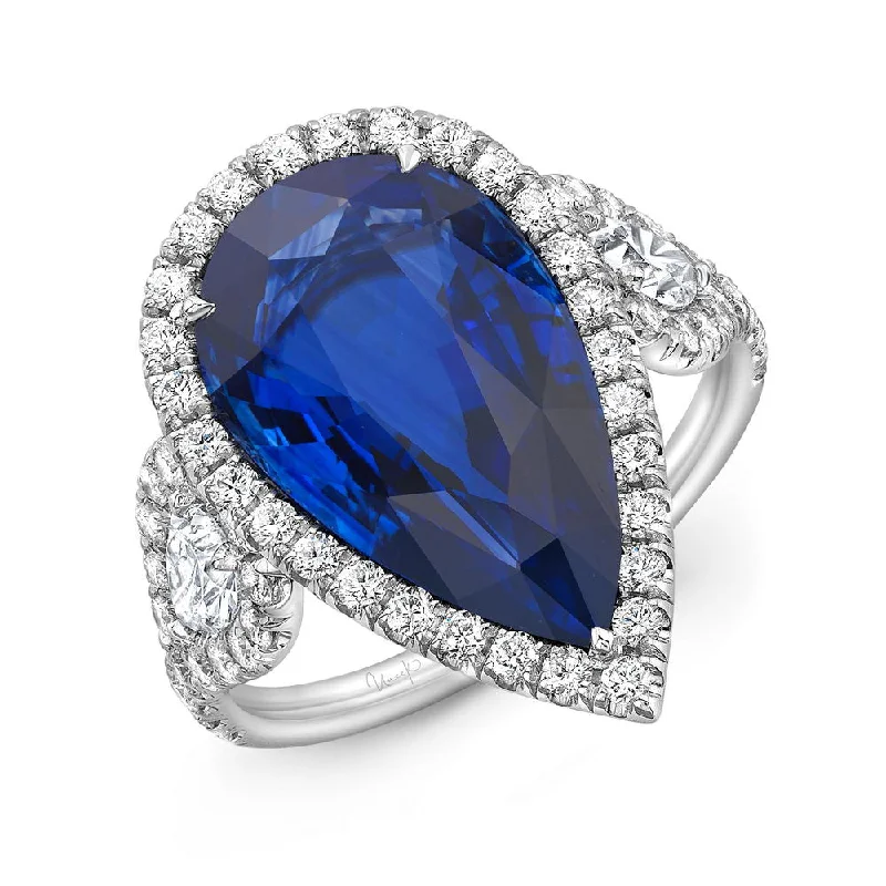 Ladies engagement rings care tips-Uneek Pear Shaped Blue Sapphire Engagement Ring